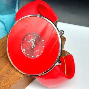 Stunning Terner RED Analog Quartz Women’s Watch with Silver Cuff Bracelet -New B
